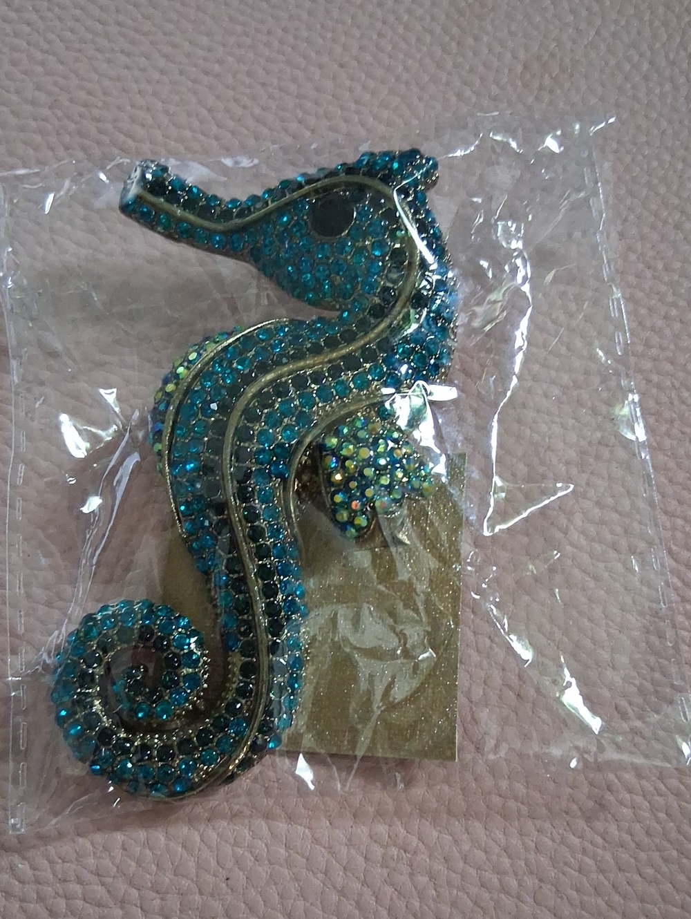 Rhinestone Seahorse Brooch - Blue